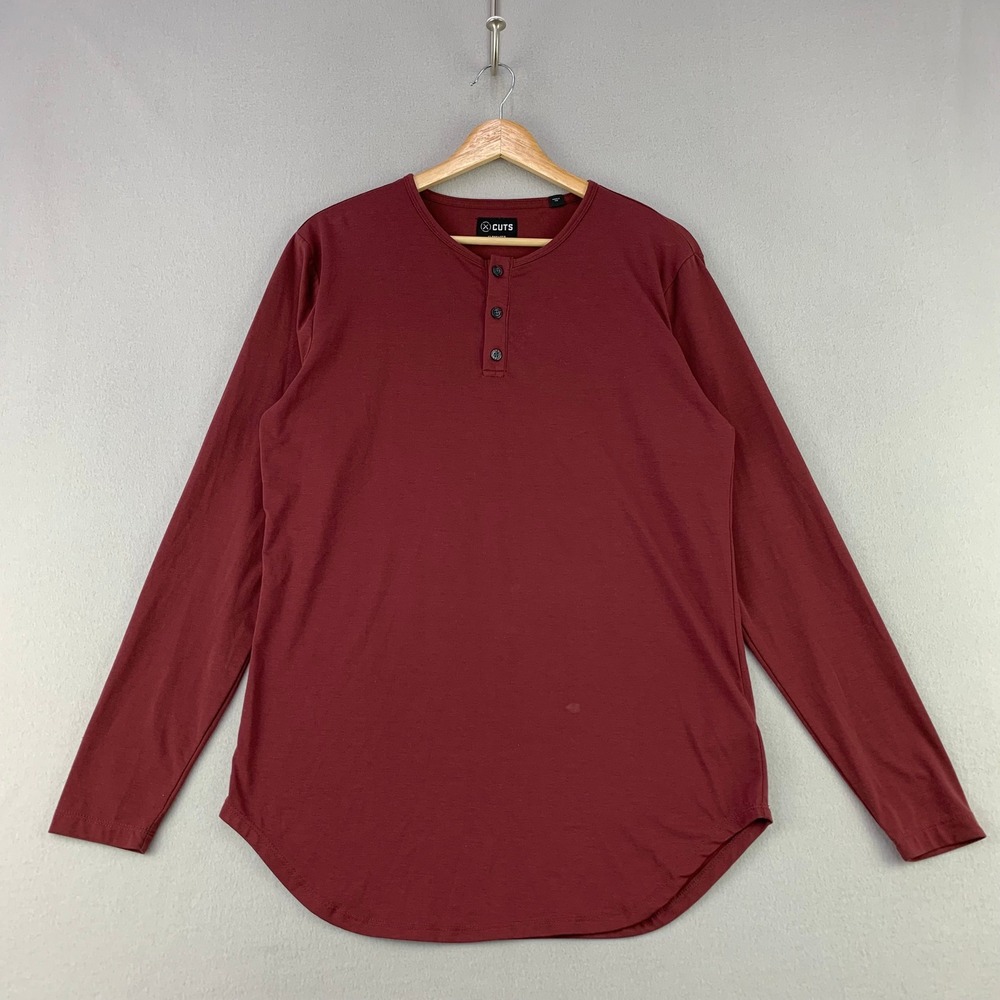 Cuts Pyca Pro Henley T-Shirt Mens Medium Rust Red Long Sleeve Elongated Tee